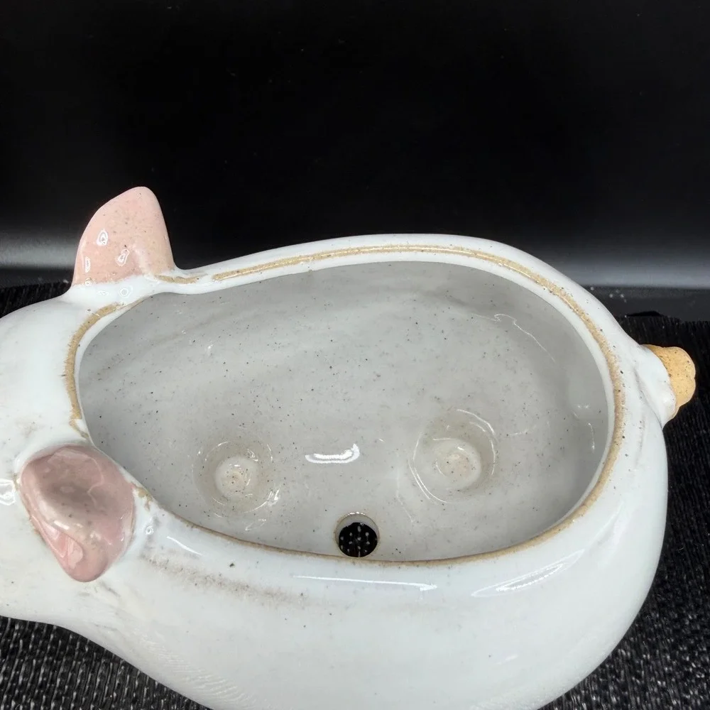 Smiling Ceramic Pig Planter White Pink Indoor Succulent Pot‎ Drainage Hole 6x4